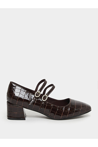 Styli Coffee Brown Croc-Effect Mary Jane Shoes
