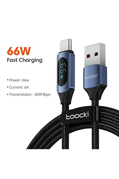 Toocki كابل 1 متر 66 وات من النوع C إلى النوع C أزرق، شاحن سريع PD 100 وات، USB C إلى USB C، شاشة