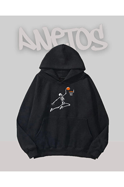 Anetos Design de baschet Skeleton Negru Față cu imprimeu Swea tricou