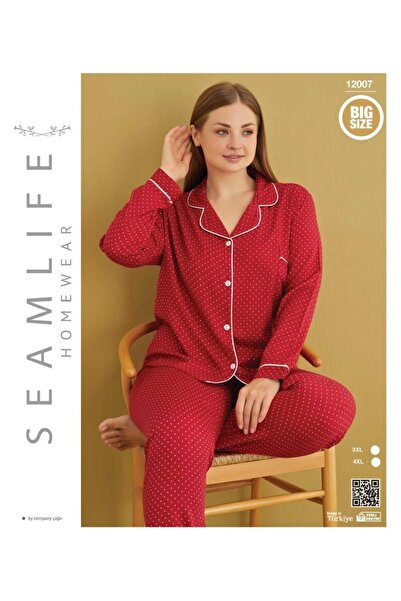 seamlife Women's Red and White Polka Dot Plus Size Long Sleeve Woven Front Button Shirt Pajama Set