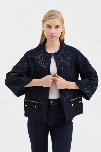 DOLCEBELLA Kadın Jakar Desenli Truvakor Kol Yuvarlak Yaka Lacivert Ceket