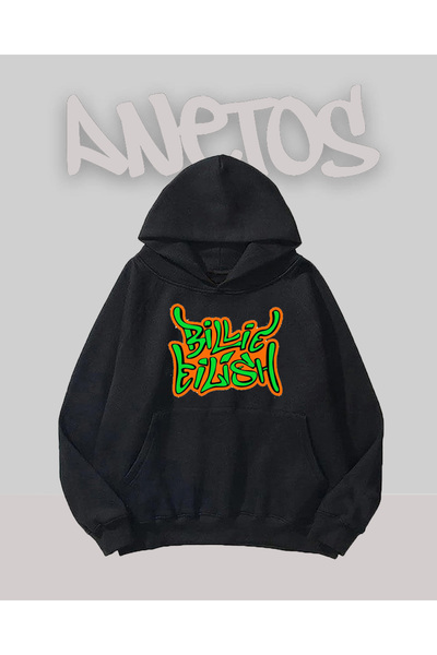 Anetos Billie Eilish Hanorac Negru cu Imprimare Pe Față