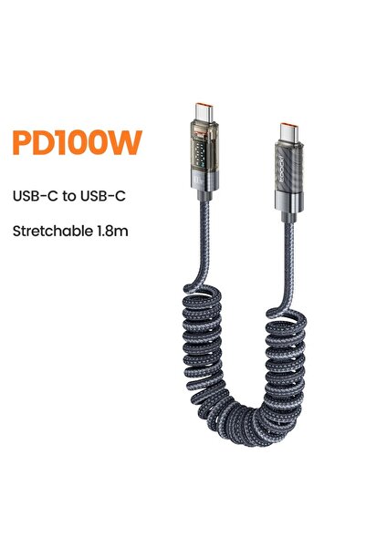 Toocki كابل شحن سريع 100 واط من النوع C إلى النوع C بطول 1.8 متر، رمادي، 100 واط، شاحن USB C إلى USB C