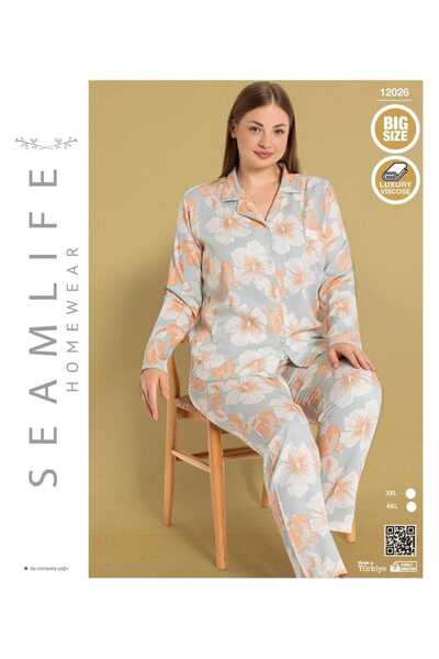 seamlife Γυναικείο μακρυμάνικο σετ πιτζάμες με υφαντό μπλουζάκι με κουμπιά μπ...