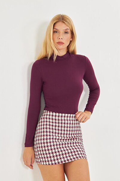 Kutaf Women's Plum Half Turtleneck Long Sleeve Blouse