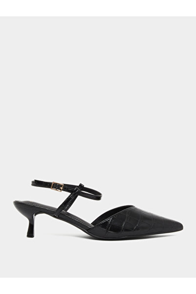 Styli Black Croc-Skin Textured Kitten Heel Shoes