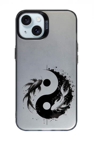 PrintiFy iPhone 13 ile Uyumlu Yin-Yang Tasarımlı Metalik Görünüm Mat Silikon ...