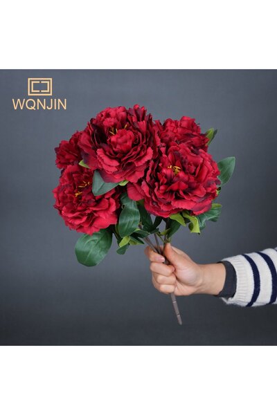 Choice باقة واحدة حمراء من 5 رؤوس من زهور الفاوانيا الاصطناعية الكبيرة من الح...