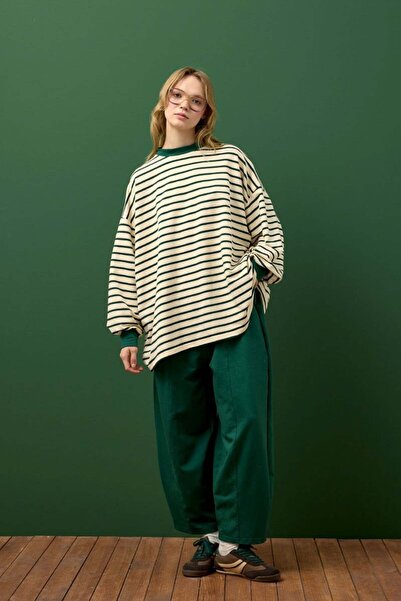 Ceylan Otantik Emerald Green Striped Sweat & Shalwar Pants Set