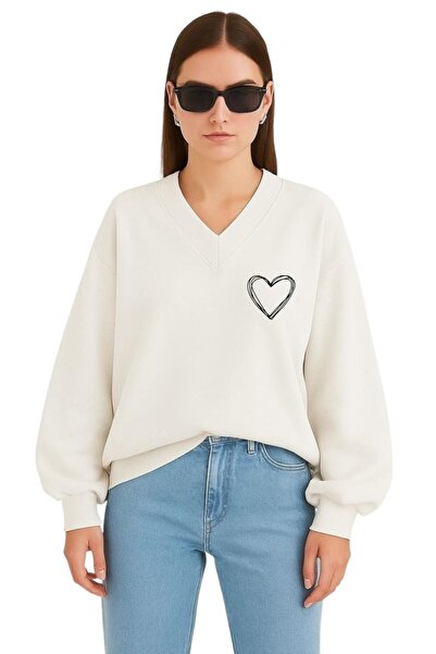 BENROMA SWEATSHIRT UNISEX CU DECOLTEU IN V CU IMPRIMARE IN FORMA DE INIMĂ