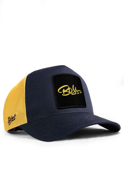 BlackBörk قبعة زرقاء داكنة بشعار Bos باللون الأصفر الشبكي