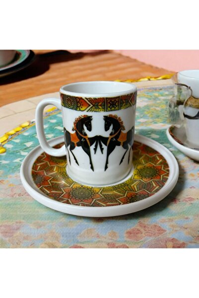 Turkuaz Porselen Ruska At Desenli Porselen 2 Kişilik 4 Parça Kahve Fincan Takımı