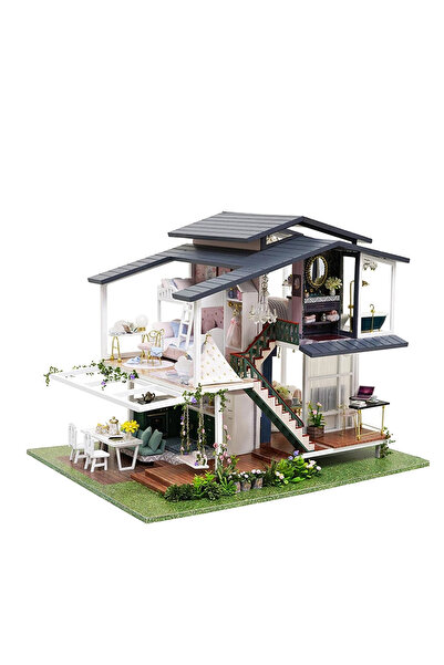 Toy Kit Casă Miniatură din Lemn DIY cu Mobilier - Construcție în Stil Francez...