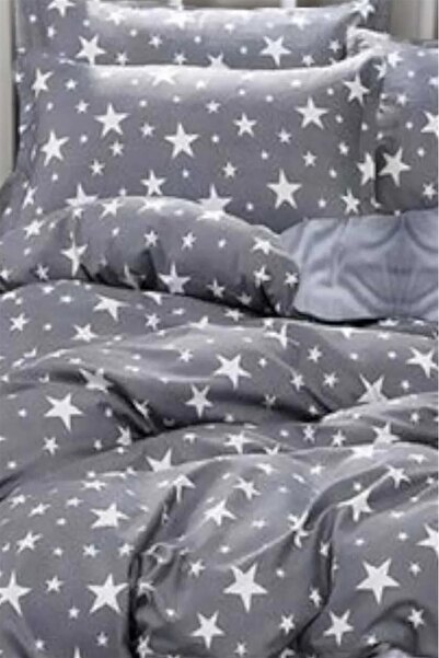 MORE HOME غطاء لحاف فردي + غطاء وسادة باللون الرمادي والأبيض المرصع بالنجوم
