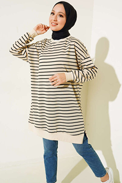Smy moda Women's Crew Neck Horizontal Striped Tunic