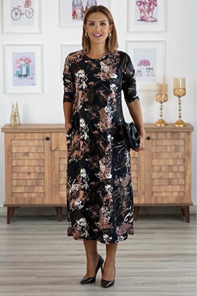 Nevin Kaya Moda Rochie din piele intoarsa cu model din panza neagra