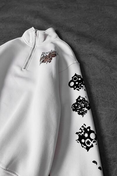 Slatra Ανδρικό φούτερ με μισό φερμουάρ, λευκό Affect Flock Print, Oversize