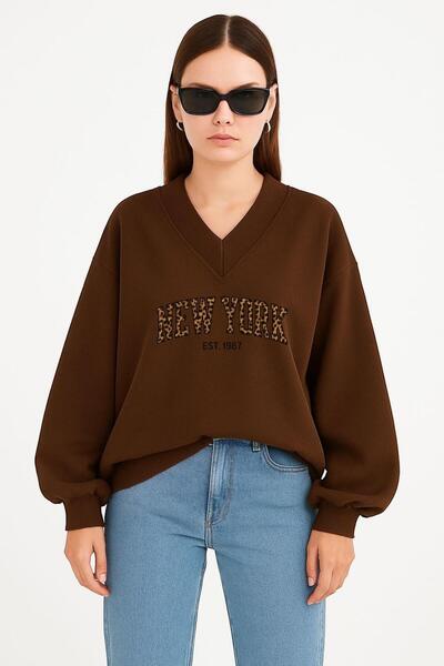 BENROMA SWEATSHIRT UNISEX CU DECUPAJ ÎN V IMPRIMAT NEW YORK