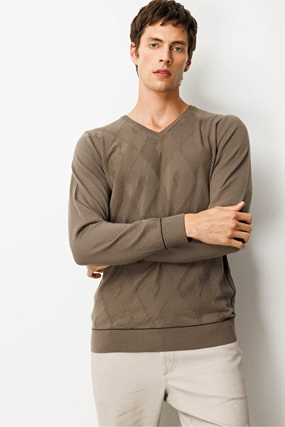 Desen Triko Ανδρικό πουλόβερ με ριγέ μάλλινο βακλαβάλι με λαιμόκοψη σε σχήμα V