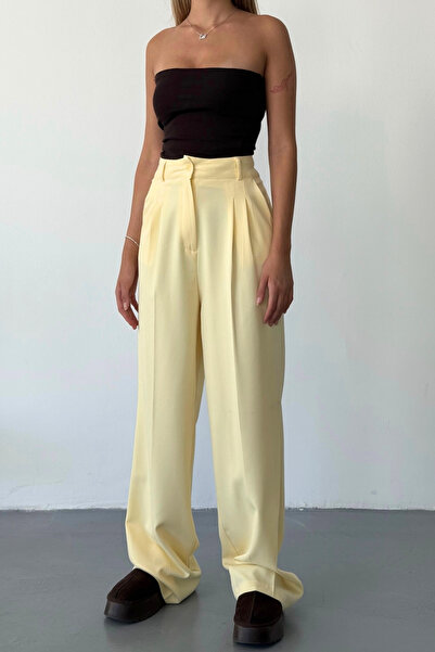 BEJNA Women's Yellow Pleated Palazzo Pants with Pencil Detail