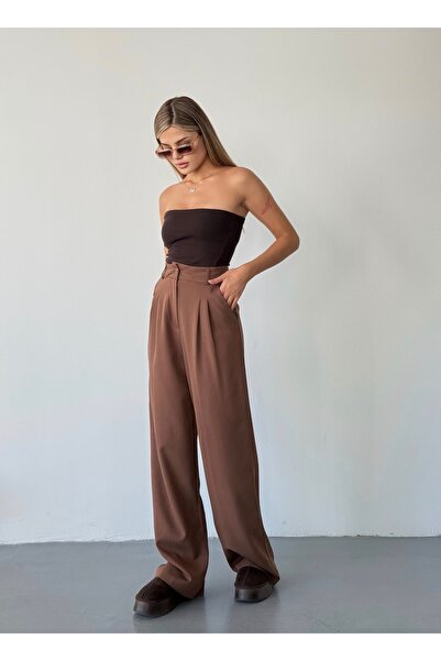 BEJNA Dámské hnědé kalhoty Palazzo s detaily na zavazování a plisováním