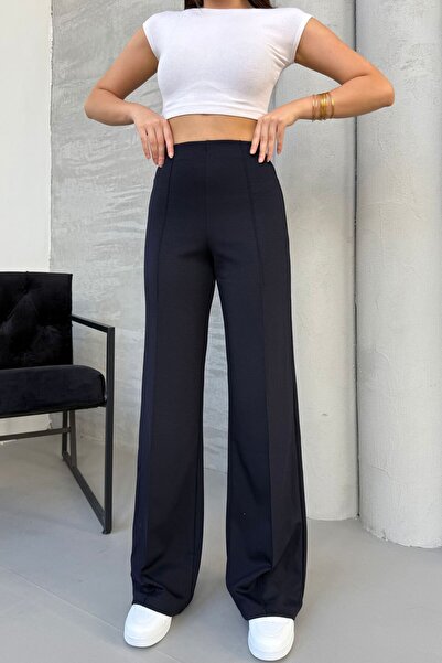 modavingo Women's Navy Blue Modal Fabric Loose Leg High Waist Beltless Trousers