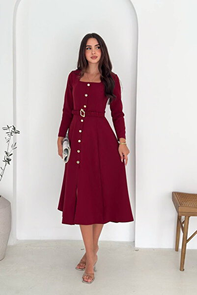 Neşeli Butik kadın kemerli düğme detaylı kare yaka örme elbise NBK4314