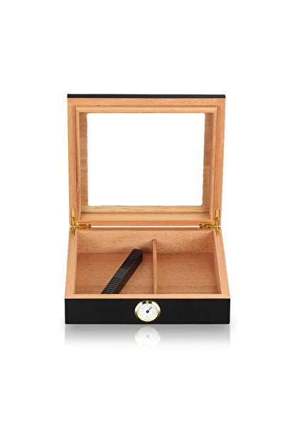 Buldug Ahşap Puro Humidor Kutusu Siyah – Cam Kapaklı, Higrometre ve Nemlendirici Dahil (20 Adet Kapasiteli)