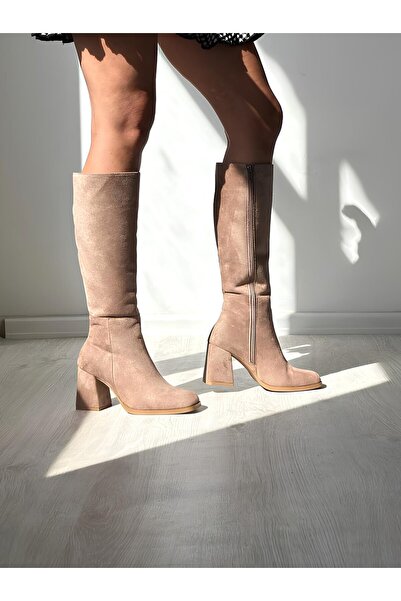 Favi Ayakkabı Bej Süet Günlük Kalın Topuklu Kadın Çizme