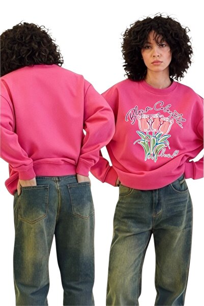 ArtYus Unisex cu mânecă lungă Lalele roz Transfer cu imprimeu guler rotund lı...