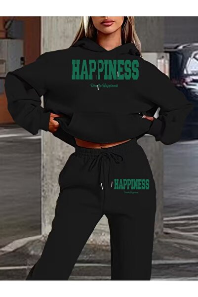 WOODROFFE Set de trening negru cu glugă pentru femei, cu imprimeu Happiness, ...