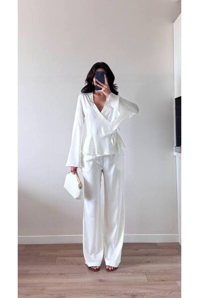 LOCH BUTİK Жіночий білий костюм з атласу з подвійним коміром