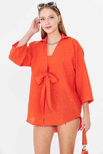 armonika Women's Orange Self-Striped Front Tie Kimono Shirt Arm-24Y001101