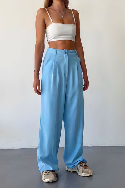 BEJNA Blaue Palazzo-Hose mit Falten und Paspelierung für Damen