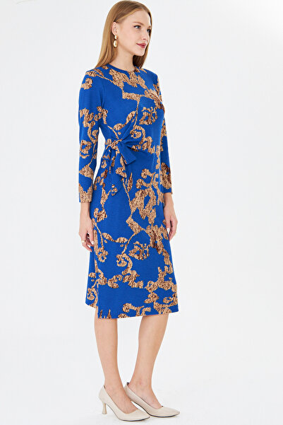 armonika Rochie de damă, albastru-bej, cu gâtul în formă de O, cu legături laterale, cu lungimea midi, din lycra ARM-26K001001