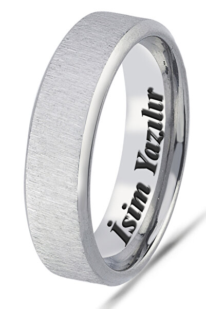 Takı Dükkanı Kişiye Özel İsim Yazılı Köşeli 6mm Mat Fırçalanmış Düz Unisex Çelik Yüzük Alyans cl47y