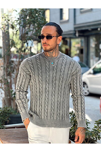 manch collection Örgü Detaylı Fitilli Sweatshirt Gri