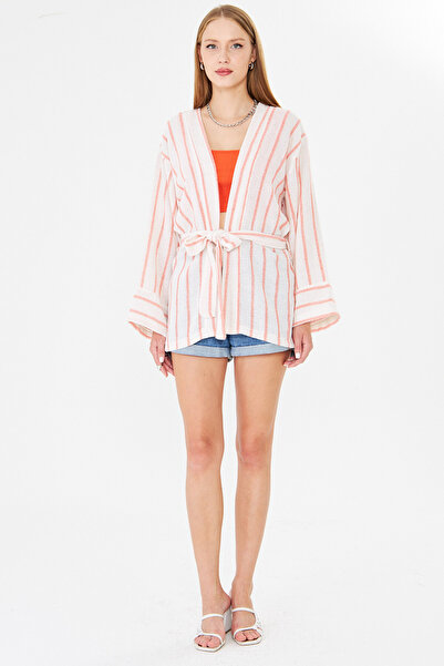 armonika Women's Orange-White Belted Kimono Arm-25Y001073