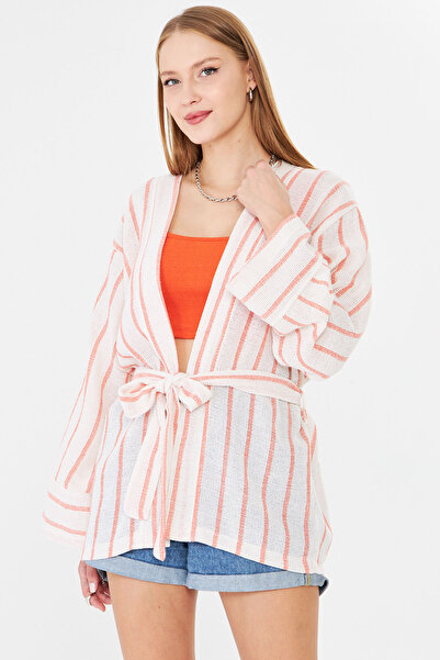 armonika Women's Orange-White Belted Kimono Arm-25Y001073