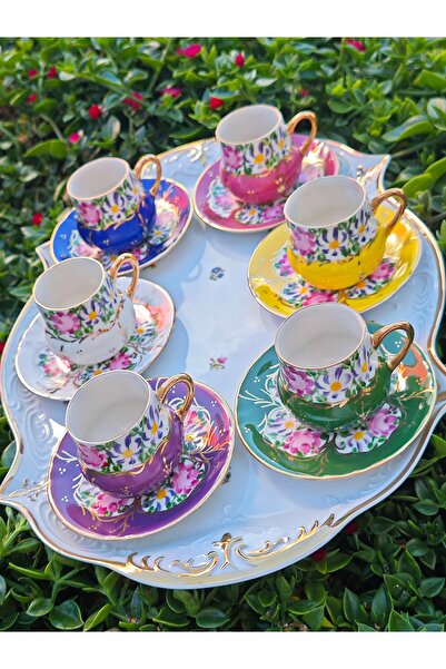 manushum El Boyama Porselen 6lı Set Osmanlı Saray Kahve Fincan Takımı-6renk