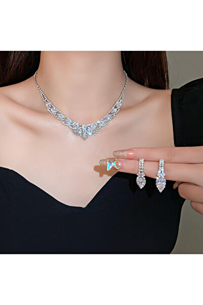 Choice HN4597-1 Water Drop Inlaid Rhinestone Earrings Necklace Set Light Luxu...