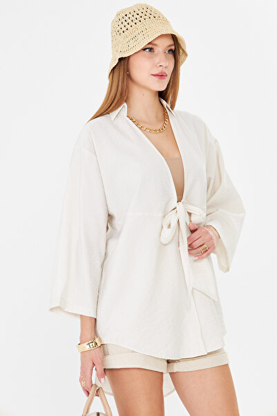 armonika Women's Light Beige Self-Striped Front Tie Kimono Shirt Arm-24Y001101