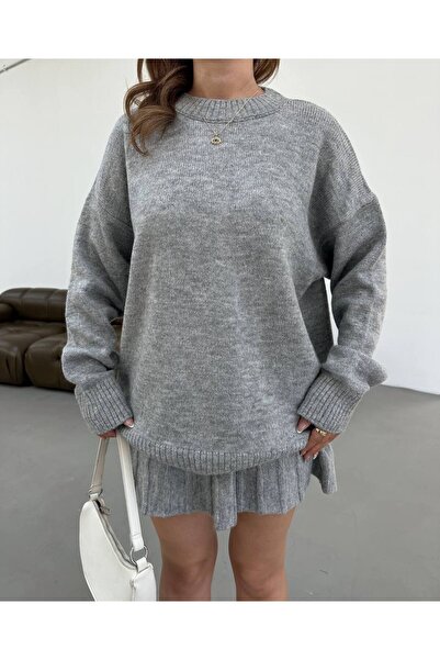 Miss Beyoğlu Kadın Oversize Uzun Kazak ve Volanlı Mini Etek Triko Alt Üst Takım - STANDART