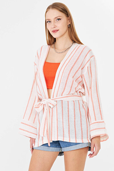 armonika Women's Orange-White Belted Kimono Arm-25Y001073