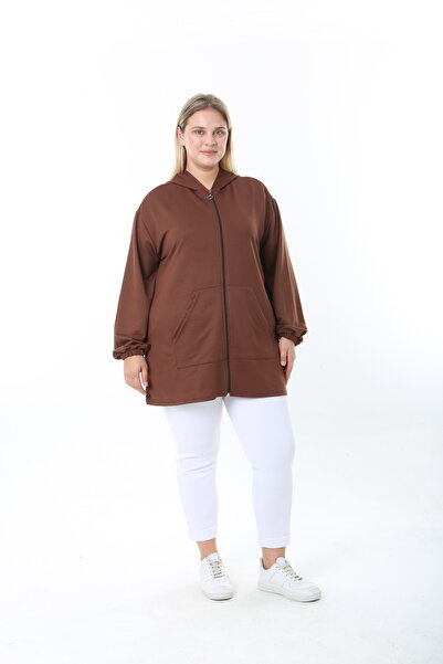 XL Modam Women's Lycra Brown Hooded Plus Size Cardigan