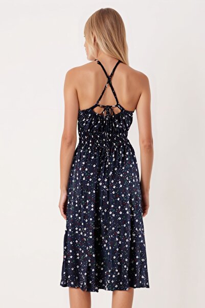 armonika Women's Navy Blue V-Neck Elastic Waist Tie-Up Back Midi Dress Arm-25Y001107