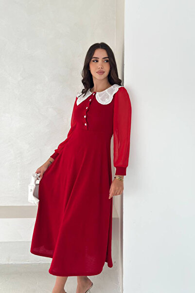Neşeli Butik kadın kırmızı dantel detaylı kolları şifon düğmeli triko elbise NBK4301