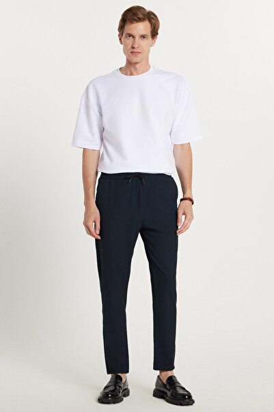 Tudors Erkek Slim Fit Dar Kesim Pamuklu Lastikli Beli Bağcıklı Lacivert Pantolon