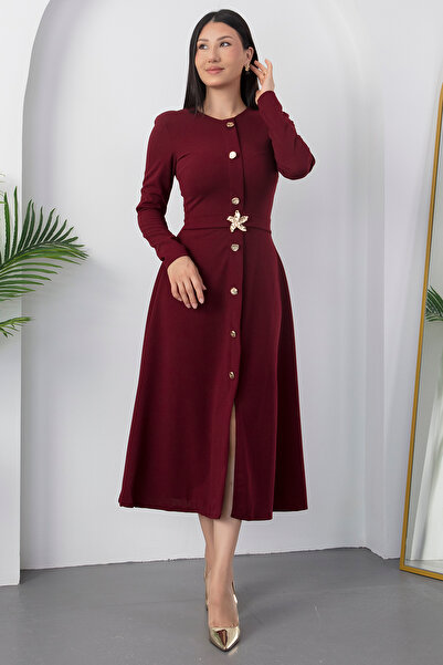 PULLIMM Boydan Düğmeli Tokalı Kemerli Elbise NY3031