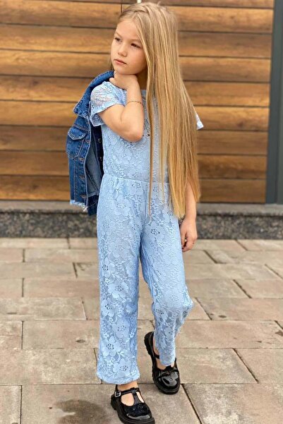 Riccotarz Girl's Blue Jumpsuit with Lace Embroidery on Top and Transparent Tulle Lining Inside